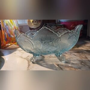 Jeannette Lombardi Aqua Blue Ice Glass Footed Oval Centerpiece